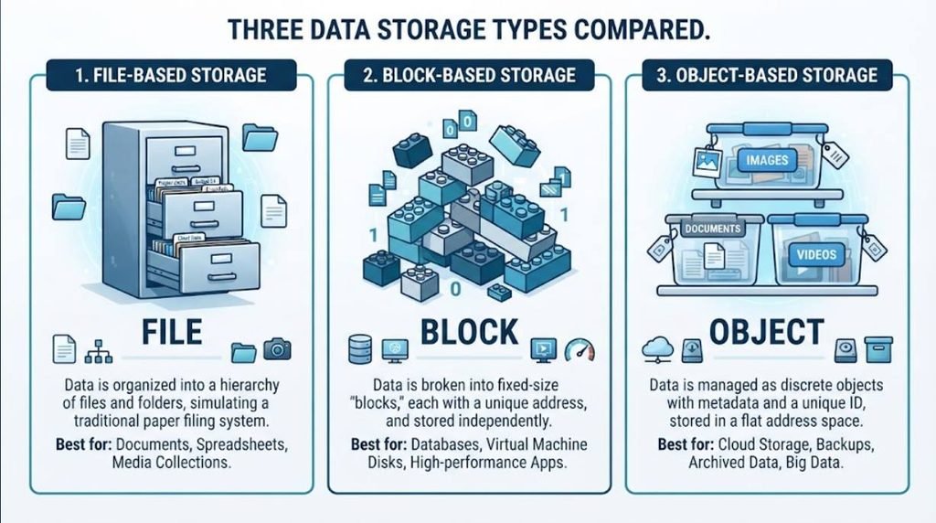 File, block, and object storage three ways to organize data